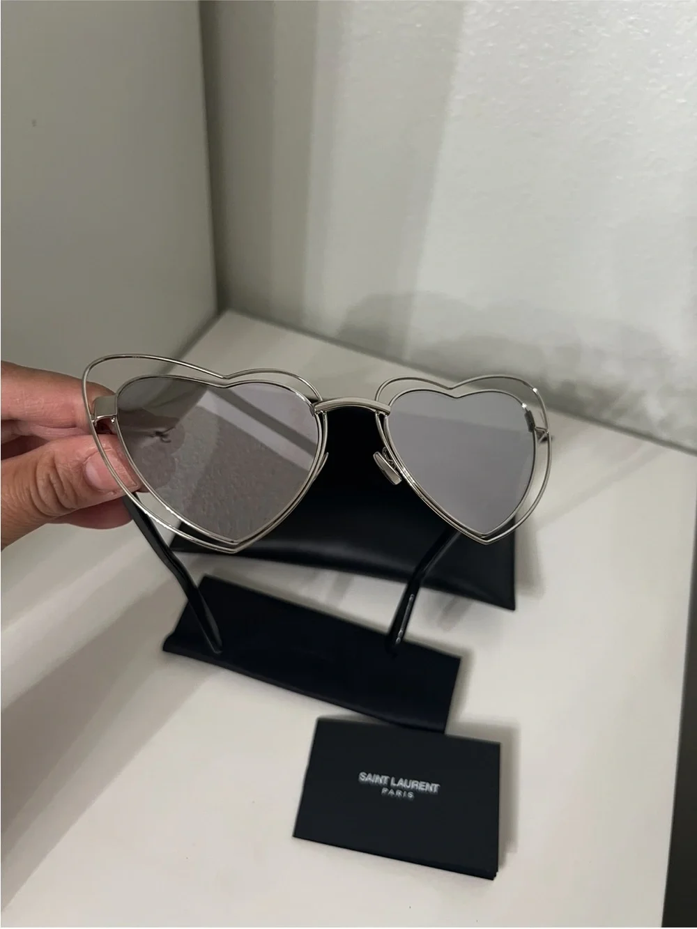 Saint Laurent Silver Heart Frame Sunglasses with Silver Mirror Lenses